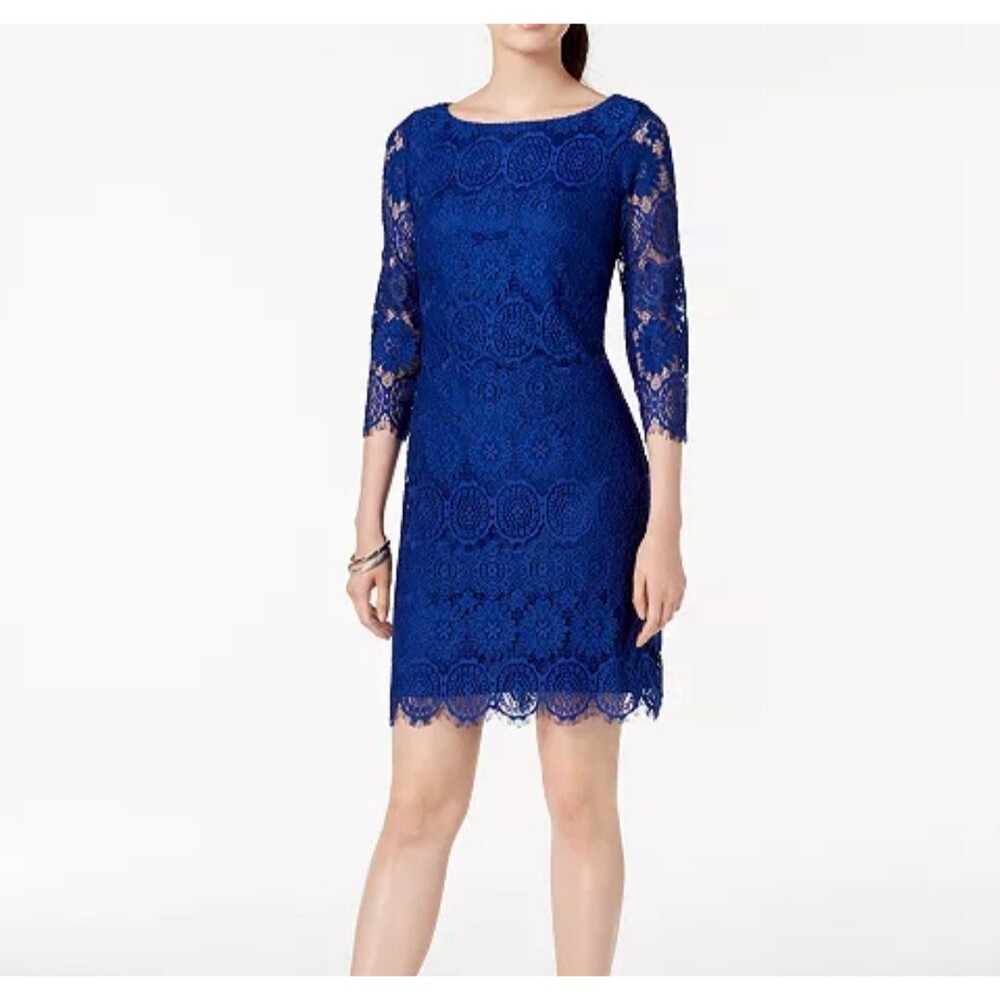 JESSICA HOWARD Scalloped-Hem Lace Shift Dress Blue Size 6